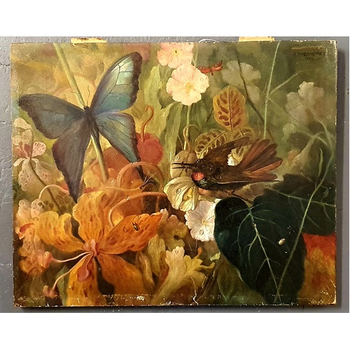 Vintage Floral, Bird & Butterfly Oil Painting Aloi's Zabehlicky