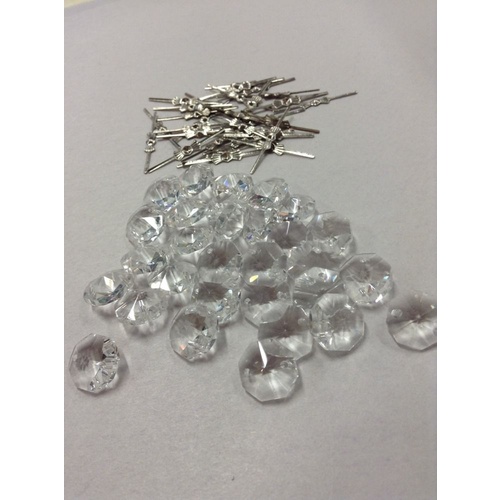 25x CHANDELIER CRYSTALS OCTAGONS 14mm 2 HOLE CRYSTAL CLEAR + JOINS BOWTIES CHROM
