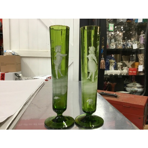Antique Pair 2x Green Vases Vase Boy Girl Bud Mary Gregory Glass